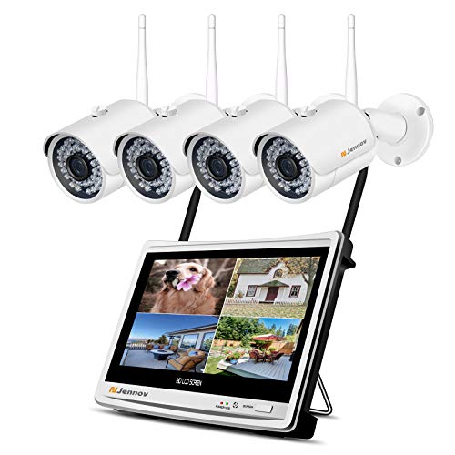 Jennov 4CH Überwachungskamera Set 1080P HD NVR Wireless Überwachungssystem mit 4 x Sicherheitskamera 12 Zoll LCD Monitor Bewegungsmelder 1TB Festplatte APP Fernzugriff IR Nachtsicht für Außen Innen